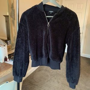 fluffy black zip up sweatshirt